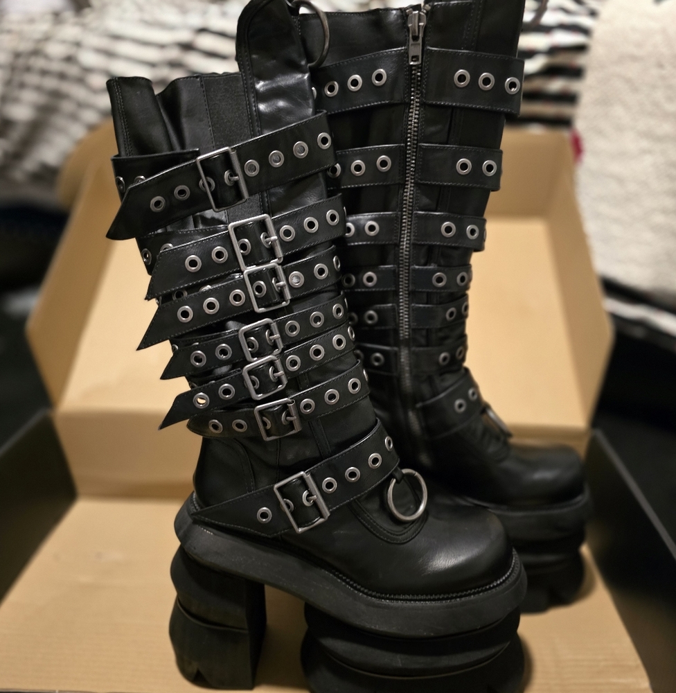 Black Combat Boots with Buckles and Studs